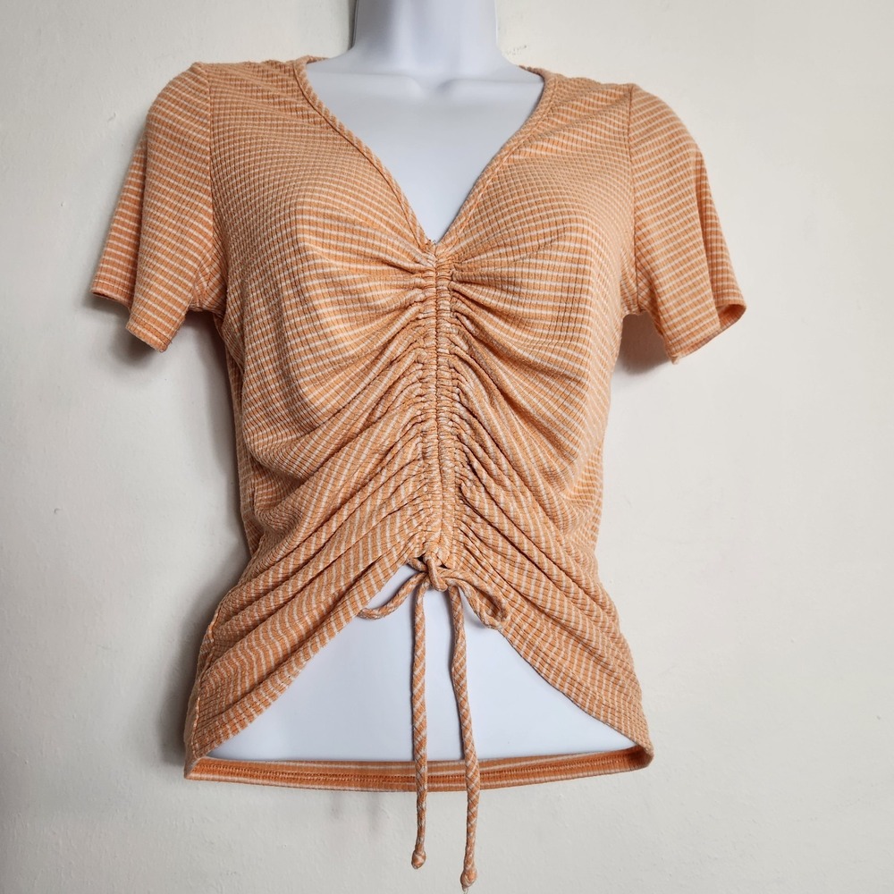 Rebellious Dreamer Womens Sz Small Peach Ruched Drawstring Ribbed Stripe Top Y2K